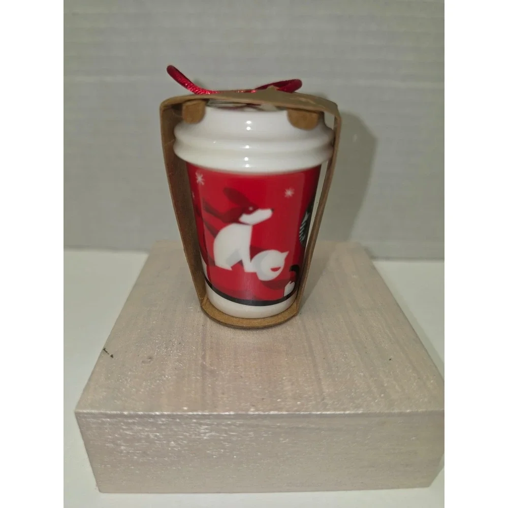 2011 Starbucks Ceramic Holiday To-Go Cup ornament dog and‎ boy on a sled